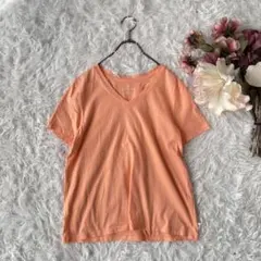 ペルー製LANDS END Ｖネック半袖Tシャツ（L）蛍光色　オレンジ　綿100のサムネイル