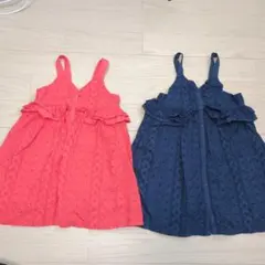 レース柄　ジャンパースカート　春夏用 110 コーラルピンク/ネイビー