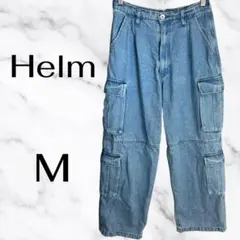 【Helm】デニムカーゴパンツ　しっかり生地　ウエストゴム　ライトブルー　M