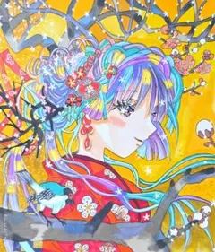 手描き　オリジナルイラスト　中色紙　女の子　アナログイラスト　着物　鳥　花