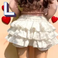 Ｌ ホワイト ティアード フリル キュロット ショートパンツ ミニ丈 白 地雷系