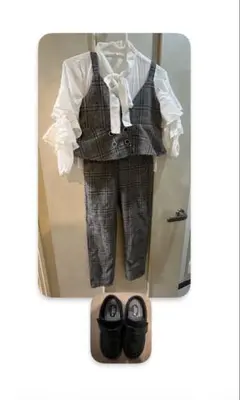 洋服120cm 靴20cm グレーチェック柄の服&黒い靴セット　発表会フォーマル