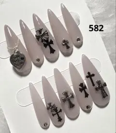 582現品ネイルチップ　ちゅるん十字架ギャルシズニルック ロングネイル 推し地雷