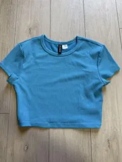 H&M 青 半袖 Tシャツ S ショート丈 ミニT リブニットトップス