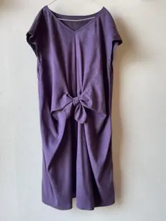 パープル Vネック 半袖 ワンピース リボン付き