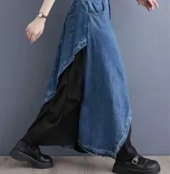 デニム スカート バイカラー 異素材 ロング デザイン ティアード