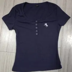 ネイビー リブTシャツ ボタン付き