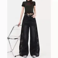 Ｌサイズ　バイカラーチェックワイドデニム　足がめちゃ長く見えるパンツ　即購入⭕️