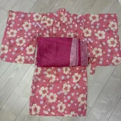ピンク花柄　浴衣M (110-120cm) 帯付き
