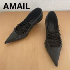 AMAIL ブラック ポインテッドトゥパンプス レースアップ　Lサイズ