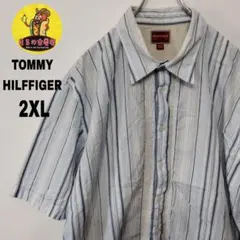 USA古着TOMMYHILFIGER　半袖ボタンシャツ2XLホワイトライトブルー