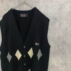 90S vintage 柄ニットベスト　ウール　メンズM 黒　古着　個性派　B3