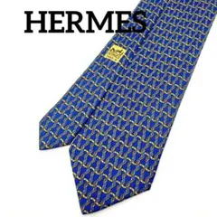 【美品】HERMES ネクタイ チェーンパターン ネイビー　イエロー