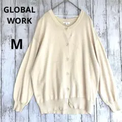 【グローバルワーク】クルーネックオーバーサイズニットカーディガン Mアイボリー白