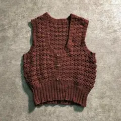 6AS1【ヴィンテージ】透かし編み　ショート丈　ニットベスト　茶　古着used