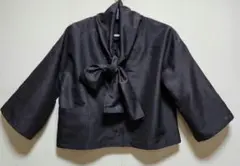 正絹焦げ茶色薄手男紬着物リメイク襟ぐりボ－付き8分袖ブラウス