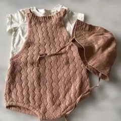 ピンク ニットロンパース クロスバック　帽子付き