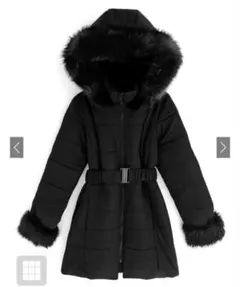 フード付きブラックダウンジャケット ベルト付きファーダウンコート[kd13]