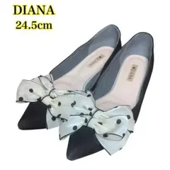 DIANA 24.5 フラットシューズ 水玉リボン 黒スエード　ポインテッドトゥ