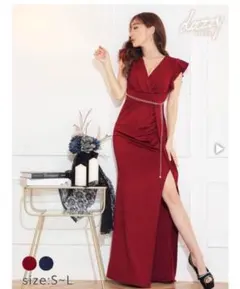 dazzy ワンカラースリット入りチェーンベルト付きフリル袖タイトロングドレス