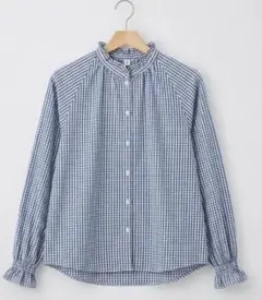 【美品】フリルネックギンガムチェックブラウス ブルー M