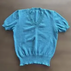 ターコイズ Vネック 半袖ニット