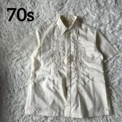 70s バロンタガログ レース刺繍 半袖シャツ 生成り XL相当 キューバシャツ