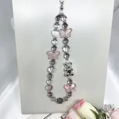 ビーズストラップ　ハンドメイド　韓国　ピンク　シルバー　くま　グレー　クリア
