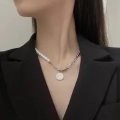コイン レイヤード パール シルバー チェーン ネックレス 男女兼用 506-1