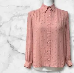 レトロブラウス ピンク 小花柄 斜めストライプ シアー レトロボタン 昭和　9+