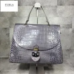 【良品】✨FURLA クロコ型押し　ハンドバック　グレーパープル　鍵付き　本革