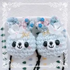 あみぐるみ♡キッズヘアゴム♡お花とちょうちょ♡ブルーうさちゃん