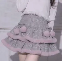 piumファー付きティアードミニスカート グレーチェック