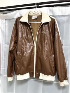 ブラウン 合成皮革 ジップアップジャケット