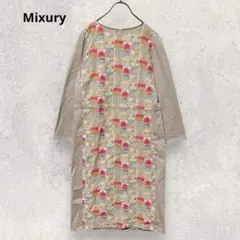 Mixury 総柄 チュニック ワンピース M ベージュ 切替 長袖 日本製
