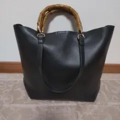 バンブーハンドル トートバッグ　マチあり 黒　ブラック