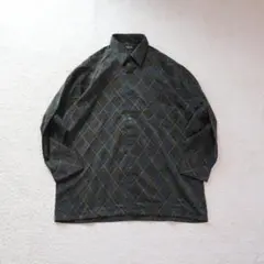 柄シャツ ブラウン オリーブ 長袖 L 光沢感 アーガイル柄 シック 渋い 古着