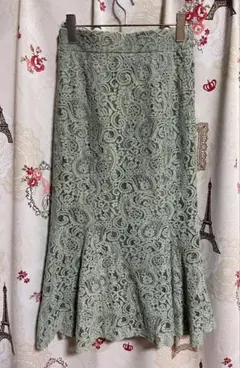 マーメイドレーススカート　ロングスカート　フレア　ミントグリーン　L 花柄