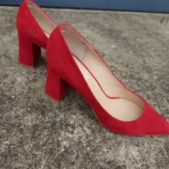 赤 スエード 太ヒール パンプス