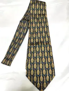 HERMES エルメス ネクタイ 総柄 ブルーゴールド シルク100