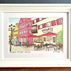 色鉛筆画ペン画　ドイツ　ビーティッヒハイム　朝のパン屋さん　手描き原画