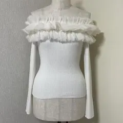 チュールフリルオフショルニットトップス ホワイト 白 rienda リエンダ