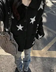 星柄ニットカーディガン ブラック