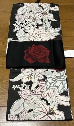 utatane 浴衣単品☆黒地に百花繚乱の花々の柄 粋で個性的 新品タグ付のサムネイル