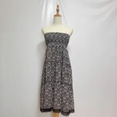 花柄ベアトップワンピース L ティアード レース パープル