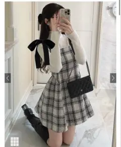 【GRL】ツイードチェックショルダーリボンミニワンピース[tu1417]