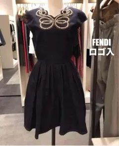 【FENDI】リボンパール　デニムワンピース ロゴ入 36希少
