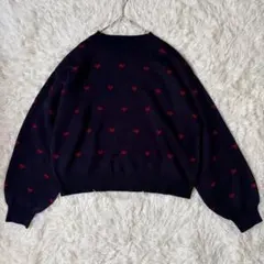 バルーンスリーブハート柄 ニットセーター　M　長袖　ネイビー×レッド◆A793