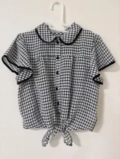 メゾピアノジュニア チェック柄前結び チュールブラウス サイズM150