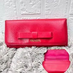 美品 PRADA フィオッコ ラウンドファスナー 長財布 ピンク レディース